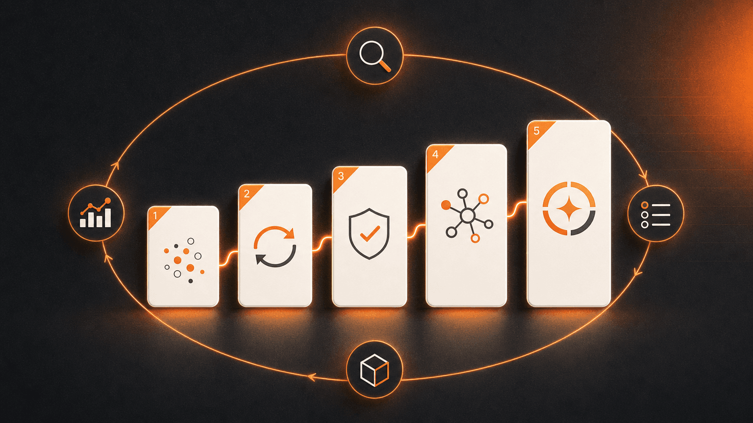 AI maturity model shown as five ascending stages connected by a continuous operating loop for discovery, prioritization, delivery, and measurement.