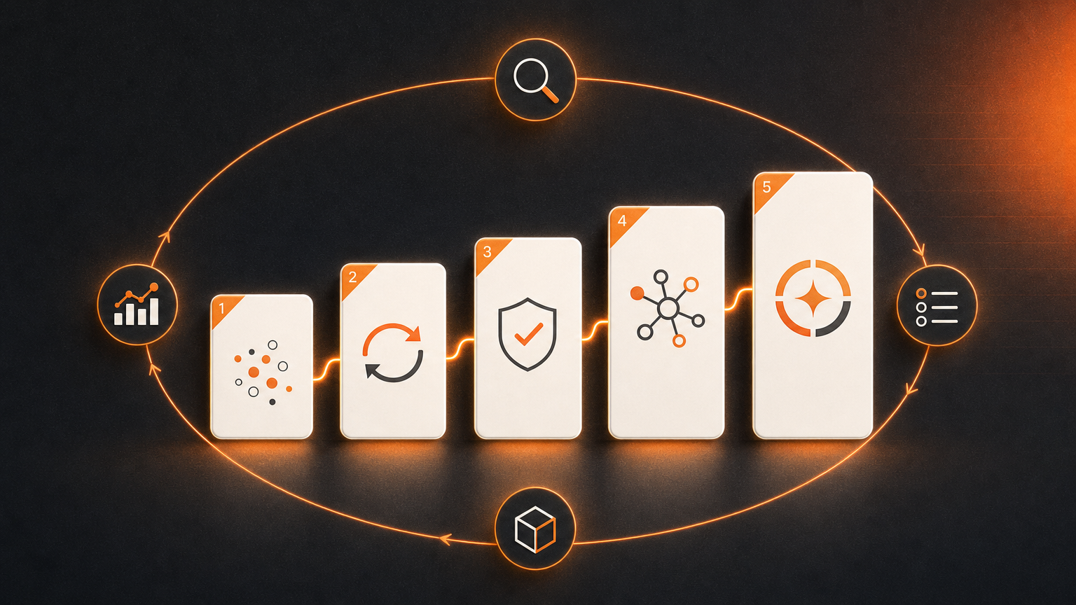 AI maturity model shown as five ascending stages connected by a continuous operating loop for discovery, prioritization, delivery, and measurement.